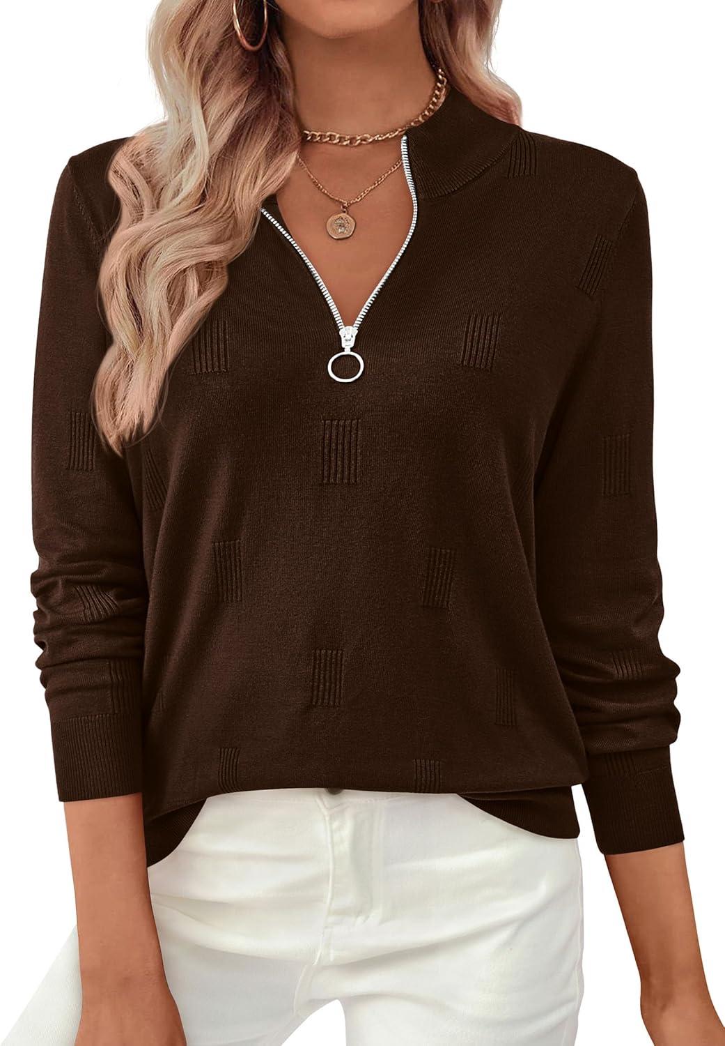 imagePRETTYGARDEN Womens Sweaters Quarter Zip Knit Long Sleeve Business Casual Pullover Tops 2025 Fall Fashion Work OutfitsBrown