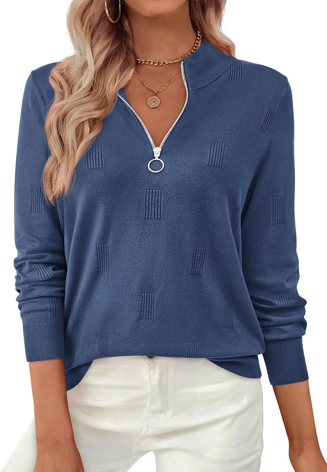 imagePRETTYGARDEN Womens Sweaters Quarter Zip Knit Long Sleeve Business Casual Pullover Tops 2025 Fall Fashion Work OutfitsGrey Blue
