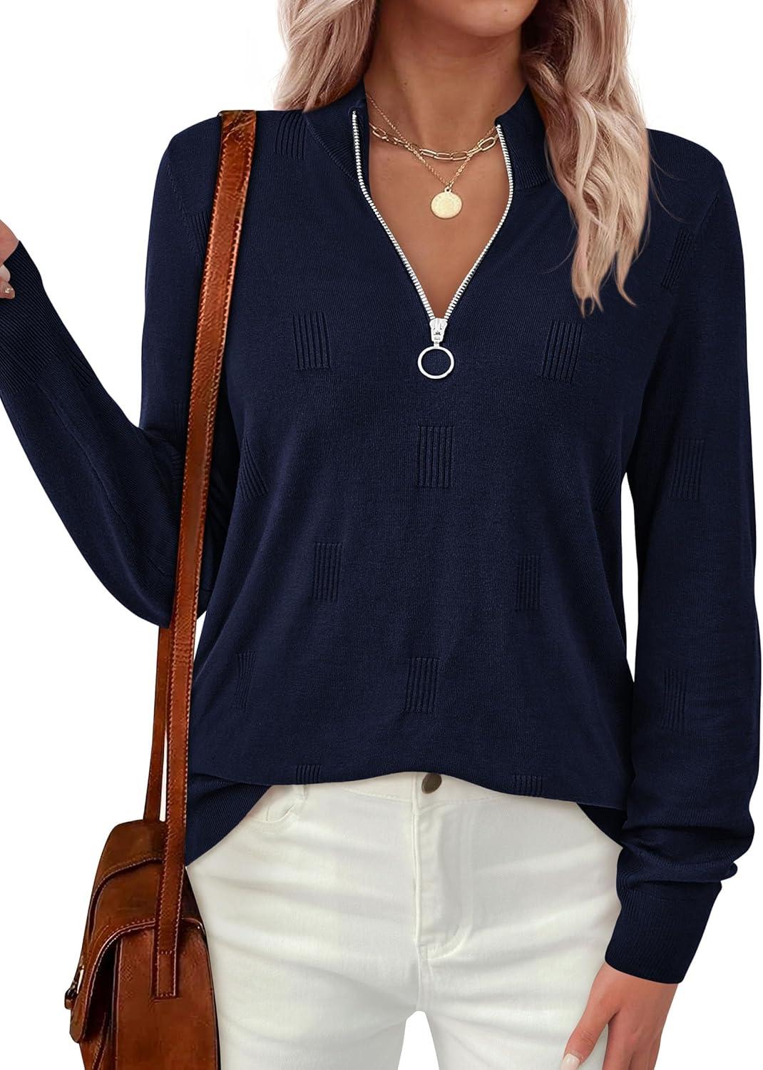 imagePRETTYGARDEN Womens Sweaters Quarter Zip Knit Long Sleeve Business Casual Pullover Tops 2025 Fall Fashion Work OutfitsNavy Blue