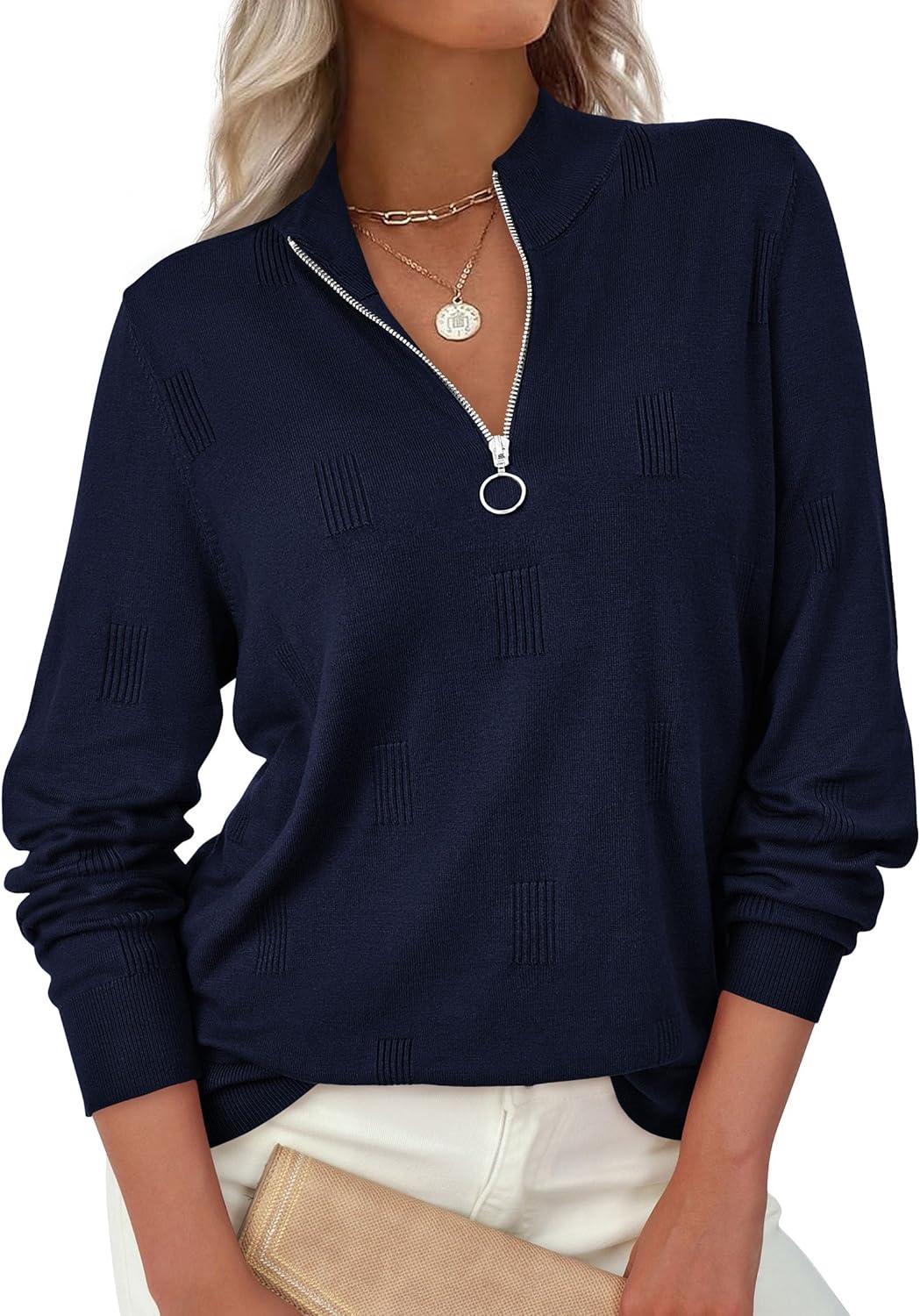 imagePRETTYGARDEN Womens Sweaters Quarter Zip Knit Long Sleeve Business Casual Pullover Tops 2025 Fall Fashion Work OutfitsNavy Blue