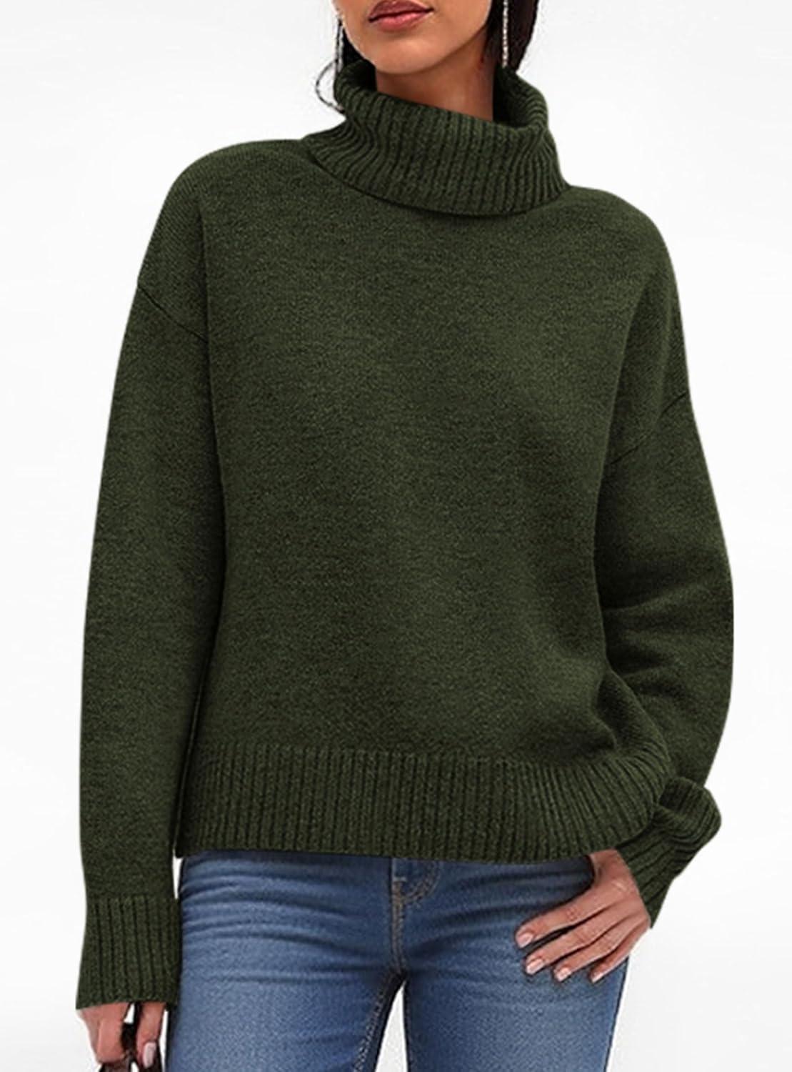 imagePRETTYGARDEN Womens Turtleneck Long Sleeve Sweater 2025 Fall Trendy Loose Fit Casual Tops Chunky Knit Pullover SweatersArmy Green