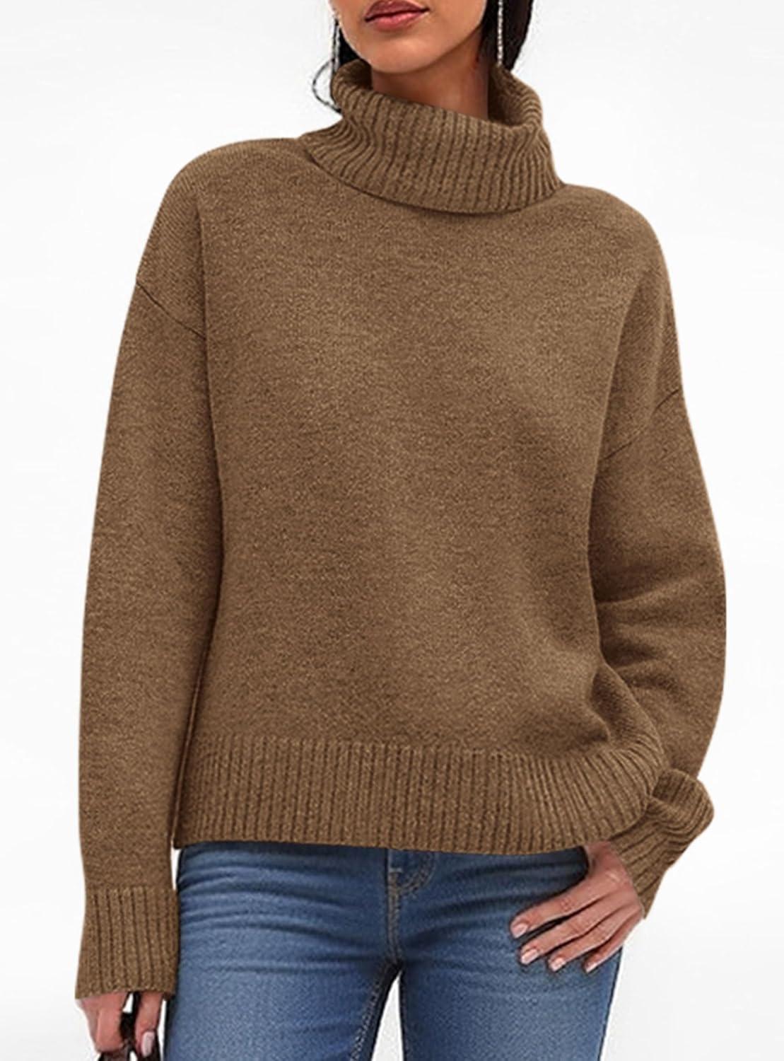 imagePRETTYGARDEN Womens Turtleneck Long Sleeve Sweater 2025 Fall Trendy Loose Fit Casual Tops Chunky Knit Pullover SweatersLight Brown