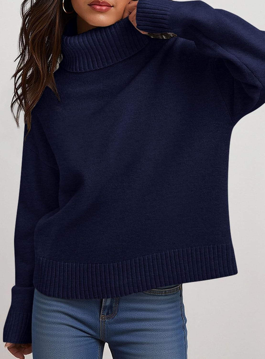imagePRETTYGARDEN Womens Turtleneck Long Sleeve Sweater 2025 Fall Trendy Loose Fit Casual Tops Chunky Knit Pullover SweatersNavy Blue