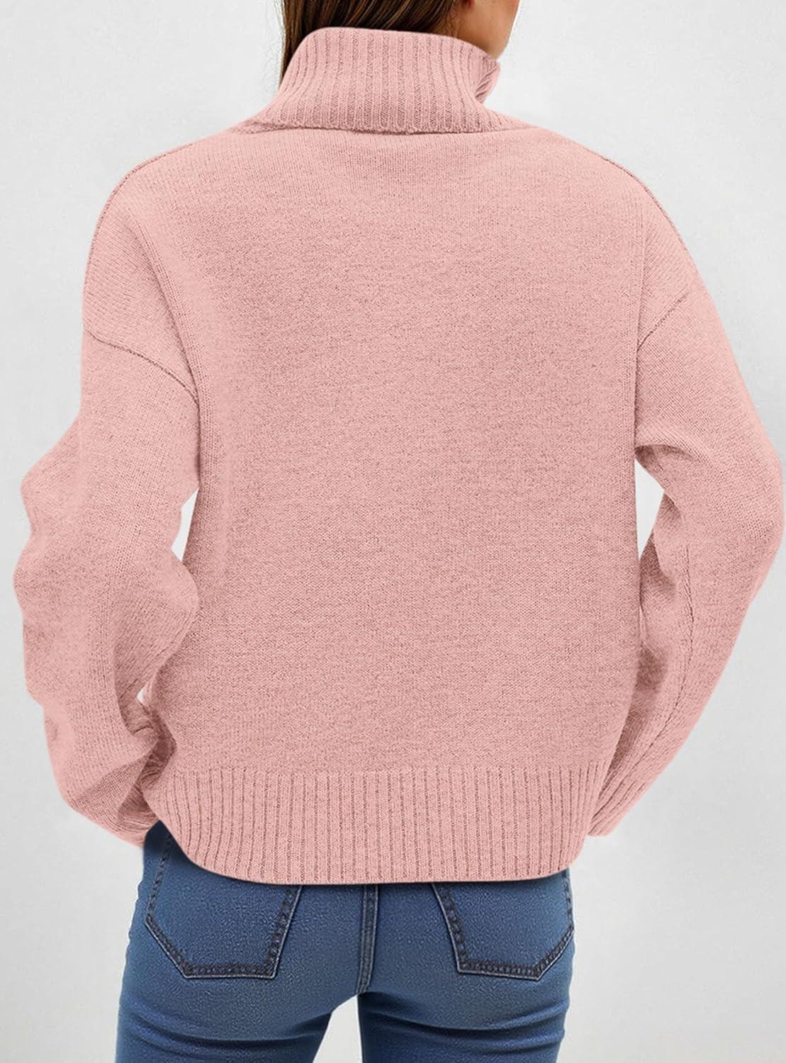 imagePRETTYGARDEN Womens Turtleneck Long Sleeve Sweater 2025 Fall Trendy Loose Fit Casual Tops Chunky Knit Pullover SweatersPink