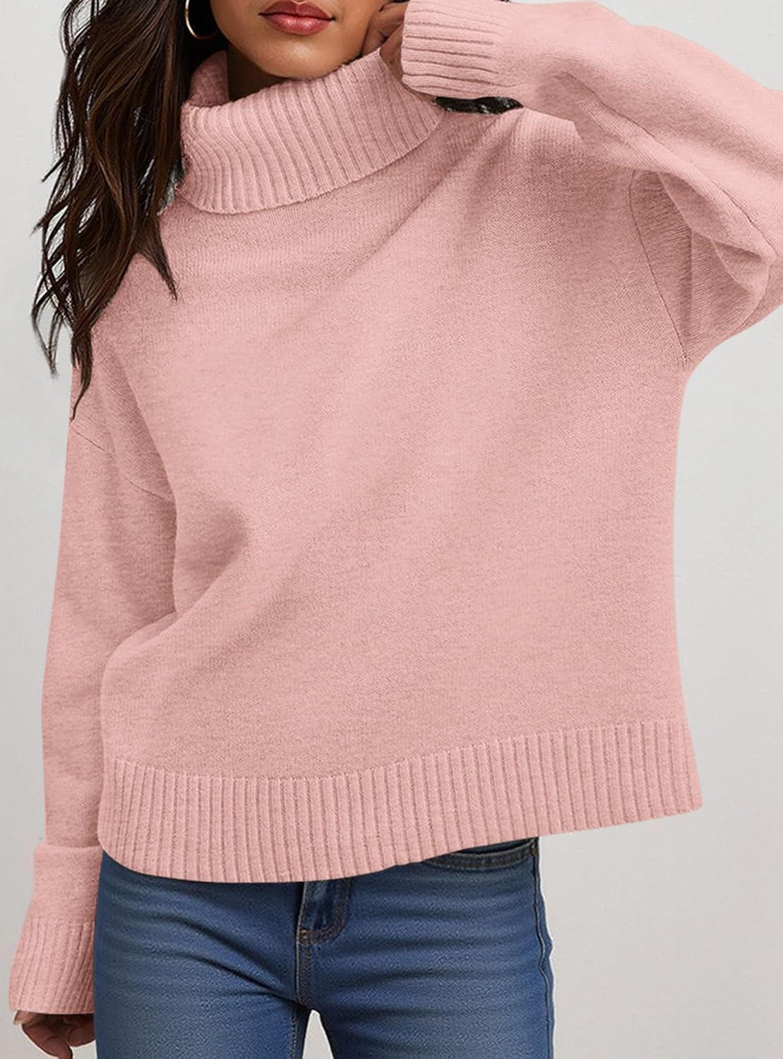 imagePRETTYGARDEN Womens Turtleneck Long Sleeve Sweater 2025 Fall Trendy Loose Fit Casual Tops Chunky Knit Pullover SweatersPink
