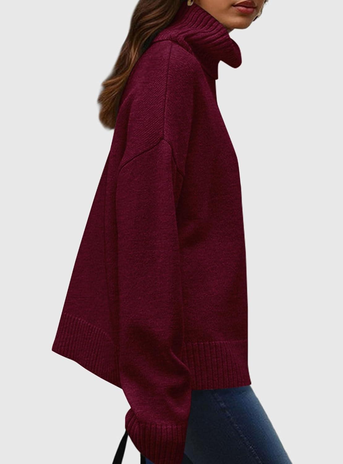 imagePRETTYGARDEN Womens Turtleneck Long Sleeve Sweater 2025 Fall Trendy Loose Fit Casual Tops Chunky Knit Pullover SweatersWine Red