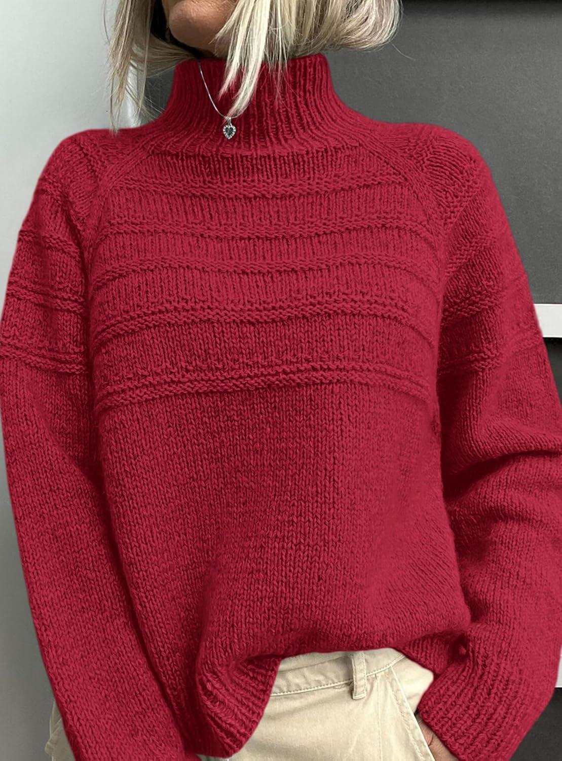 imagePRETTYGARDEN Womens Turtleneck Sweaters 2025 Fall Chunky Knit Pullover Long Sleeve Jumper Tops Trendy Winter ClothesRed