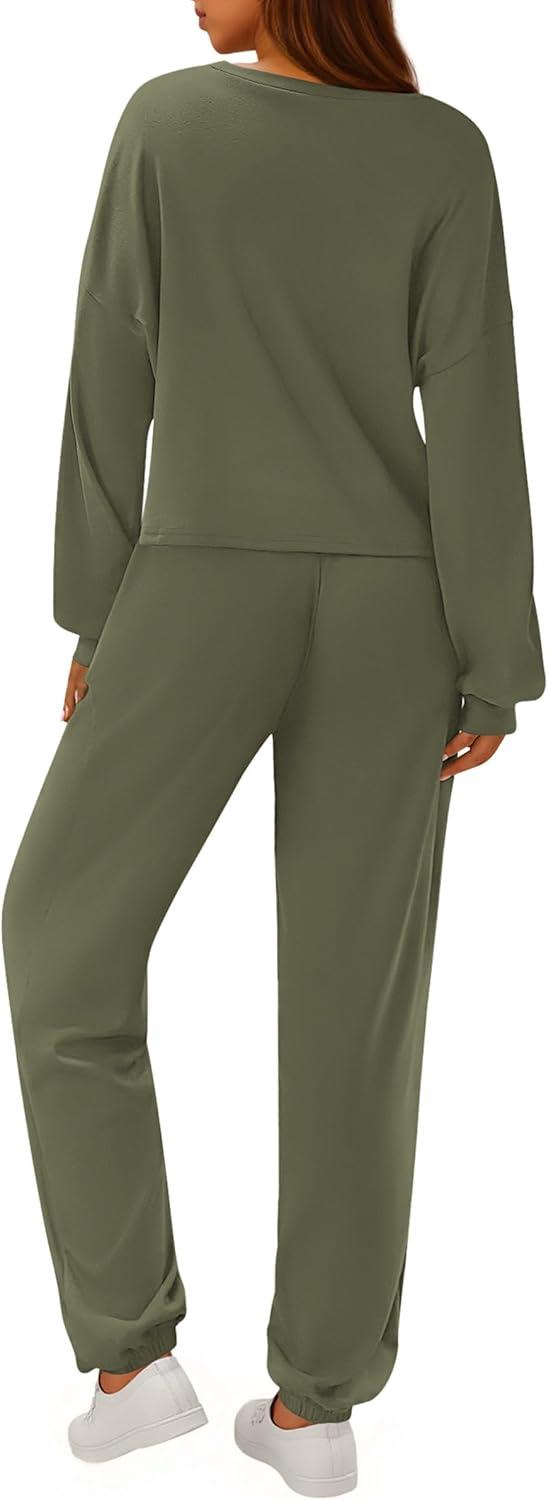 imagePRETTYGARDEN Womens Two Piece Lounge Sets 2025 Fall Airport Outfits Long Sleeve Pullover Tops Sweatpants Matching ClothingArmy Green