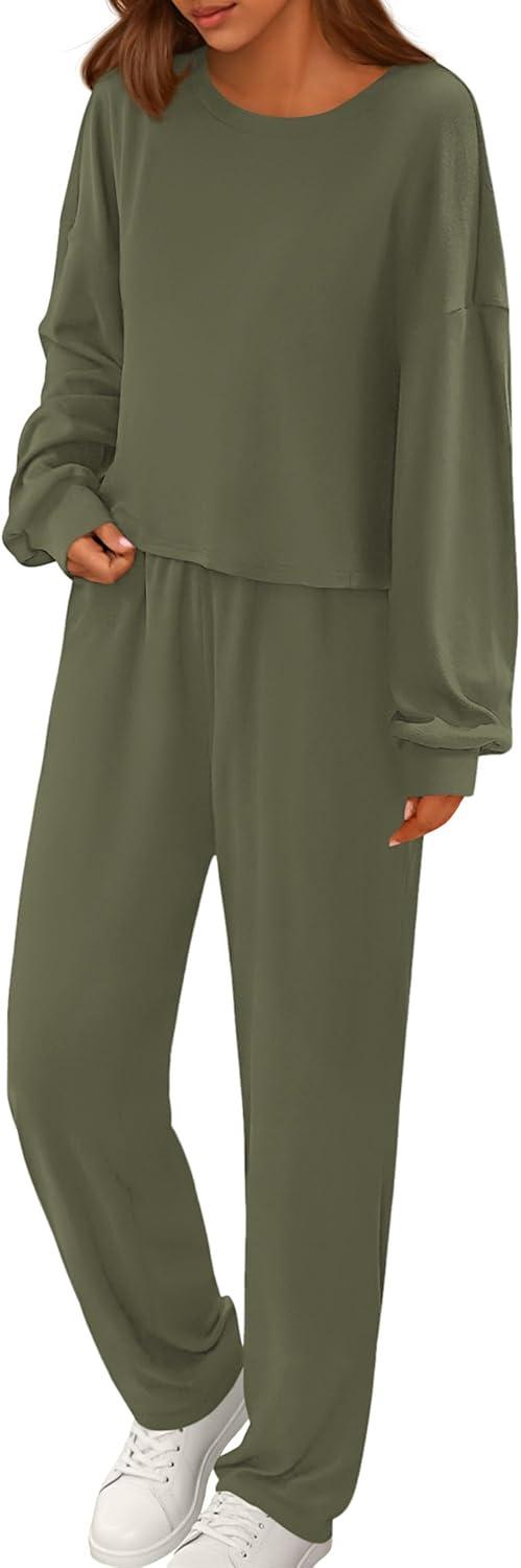 imagePRETTYGARDEN Womens Two Piece Lounge Sets 2025 Fall Airport Outfits Long Sleeve Pullover Tops Sweatpants Matching ClothingArmy Green