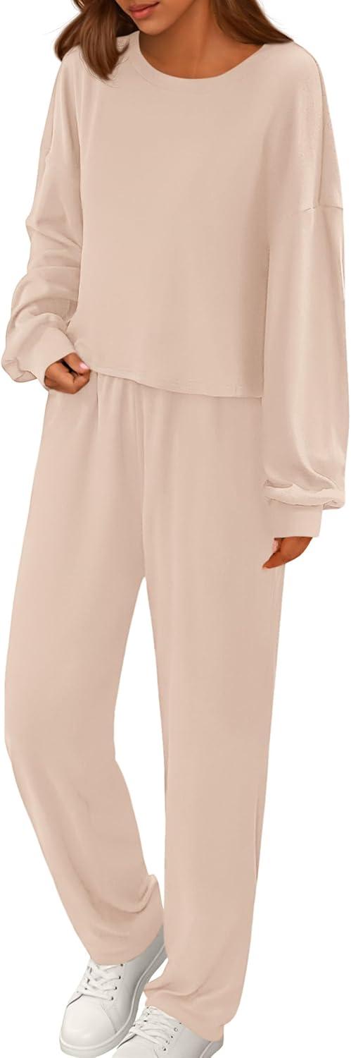 imagePRETTYGARDEN Womens Two Piece Lounge Sets 2025 Fall Airport Outfits Long Sleeve Pullover Tops Sweatpants Matching ClothingBeige