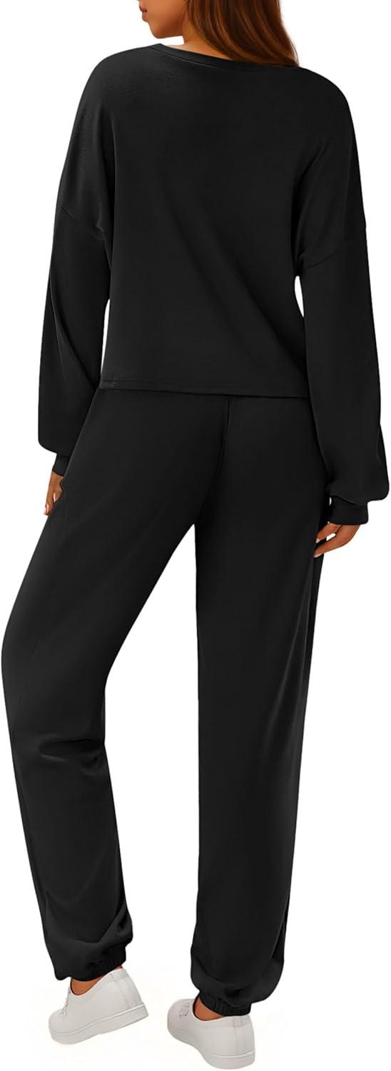 imagePRETTYGARDEN Womens Two Piece Lounge Sets 2025 Fall Airport Outfits Long Sleeve Pullover Tops Sweatpants Matching ClothingBlack