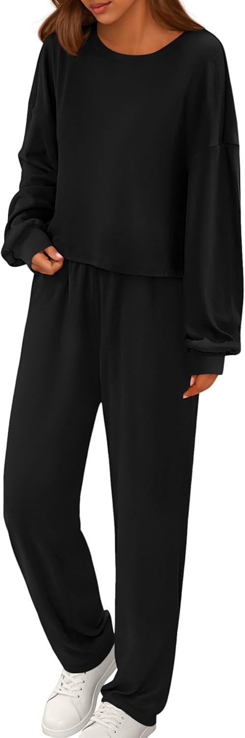 imagePRETTYGARDEN Womens Two Piece Lounge Sets 2025 Fall Airport Outfits Long Sleeve Pullover Tops Sweatpants Matching ClothingBlack