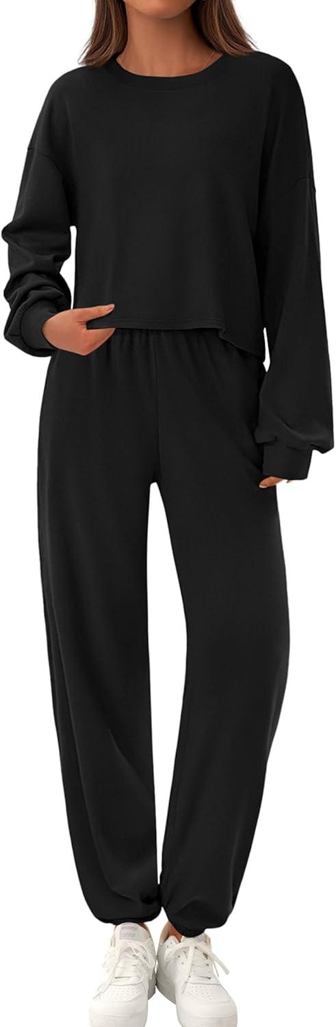imagePRETTYGARDEN Womens Two Piece Lounge Sets 2025 Fall Airport Outfits Long Sleeve Pullover Tops Sweatpants Matching ClothingBlack