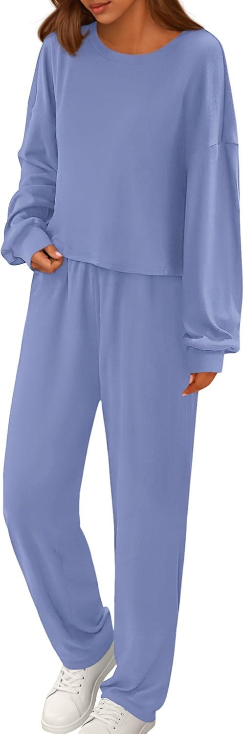 imagePRETTYGARDEN Womens Two Piece Lounge Sets 2025 Fall Airport Outfits Long Sleeve Pullover Tops Sweatpants Matching ClothingBlue