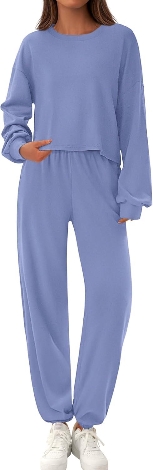 imagePRETTYGARDEN Womens Two Piece Lounge Sets 2025 Fall Airport Outfits Long Sleeve Pullover Tops Sweatpants Matching ClothingBlue