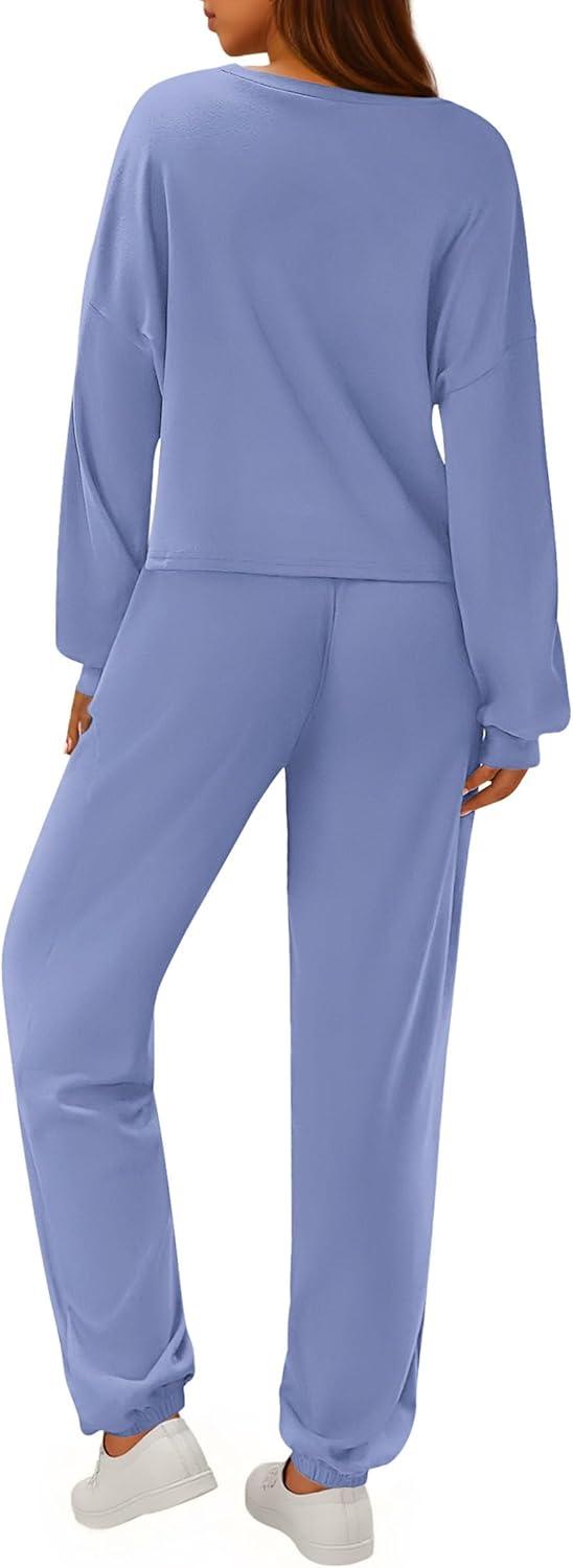 imagePRETTYGARDEN Womens Two Piece Lounge Sets 2025 Fall Airport Outfits Long Sleeve Pullover Tops Sweatpants Matching ClothingBlue
