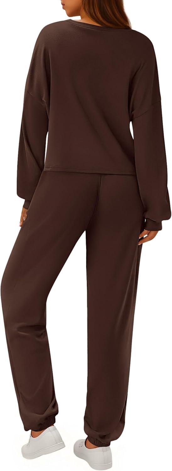 imagePRETTYGARDEN Womens Two Piece Lounge Sets 2025 Fall Airport Outfits Long Sleeve Pullover Tops Sweatpants Matching ClothingBrown