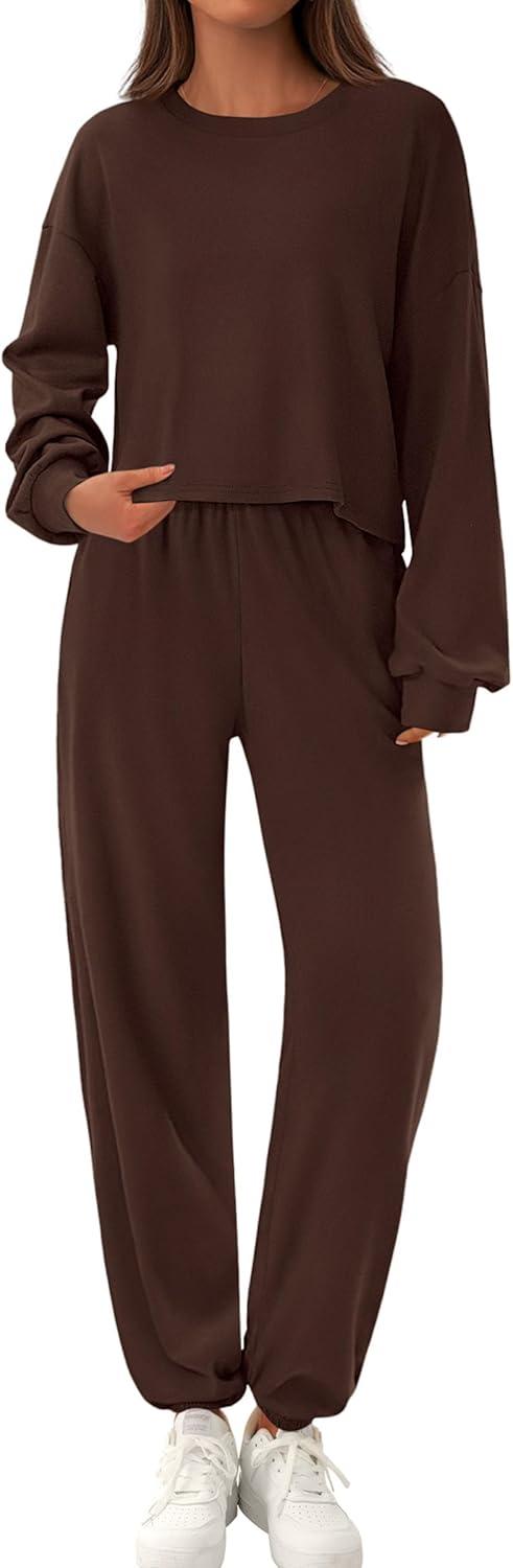 imagePRETTYGARDEN Womens Two Piece Lounge Sets 2025 Fall Airport Outfits Long Sleeve Pullover Tops Sweatpants Matching ClothingBrown