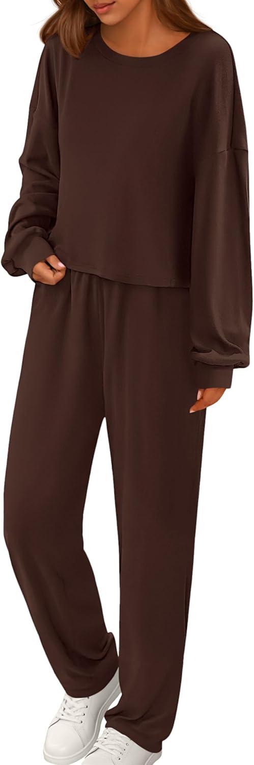 imagePRETTYGARDEN Womens Two Piece Lounge Sets 2025 Fall Airport Outfits Long Sleeve Pullover Tops Sweatpants Matching ClothingBrown