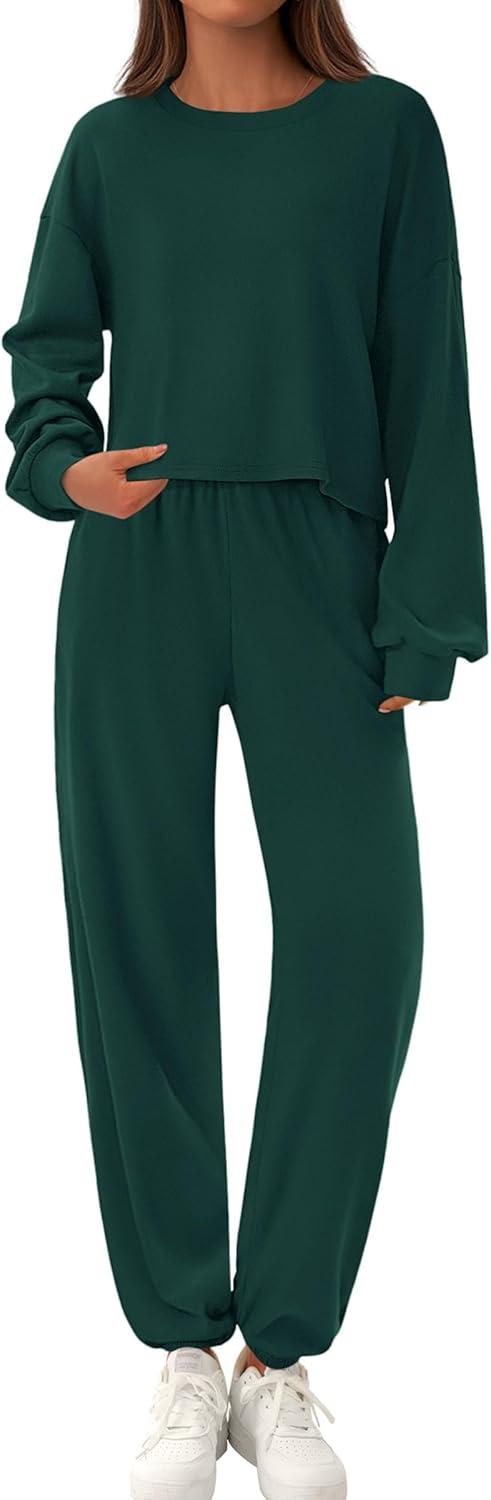imagePRETTYGARDEN Womens Two Piece Lounge Sets 2025 Fall Airport Outfits Long Sleeve Pullover Tops Sweatpants Matching ClothingDark Green