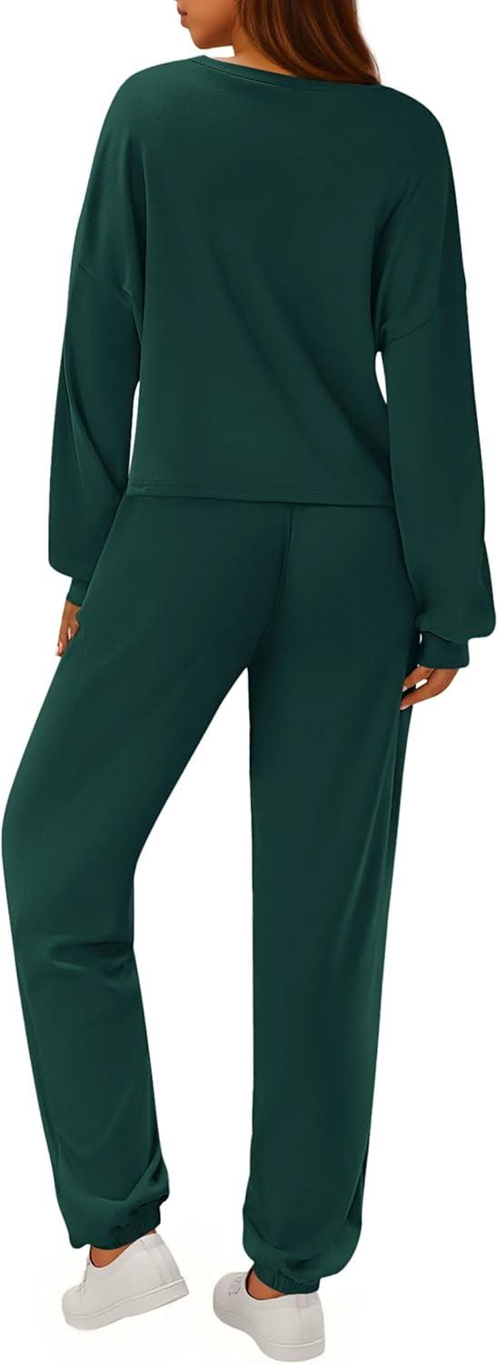 imagePRETTYGARDEN Womens Two Piece Lounge Sets 2025 Fall Airport Outfits Long Sleeve Pullover Tops Sweatpants Matching ClothingDark Green