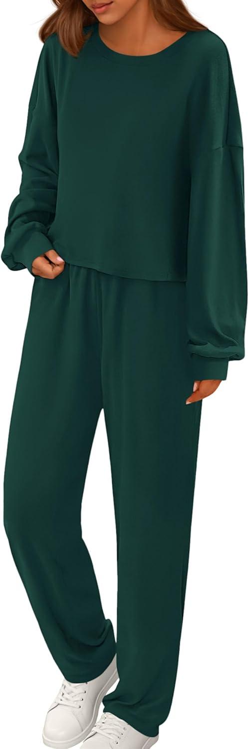 imagePRETTYGARDEN Womens Two Piece Lounge Sets 2025 Fall Airport Outfits Long Sleeve Pullover Tops Sweatpants Matching ClothingDark Green