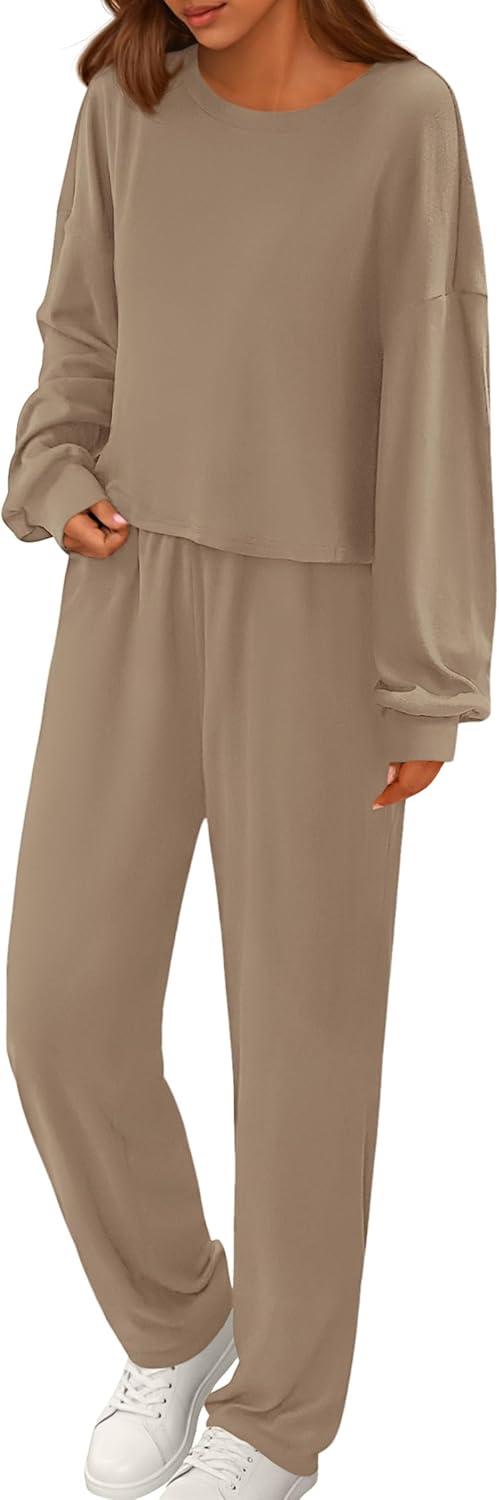 imagePRETTYGARDEN Womens Two Piece Lounge Sets 2025 Fall Airport Outfits Long Sleeve Pullover Tops Sweatpants Matching ClothingKhaki