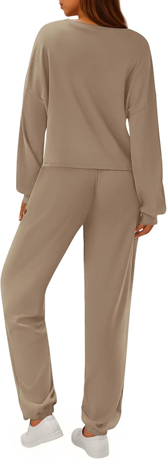 imagePRETTYGARDEN Womens Two Piece Lounge Sets 2025 Fall Airport Outfits Long Sleeve Pullover Tops Sweatpants Matching ClothingKhaki