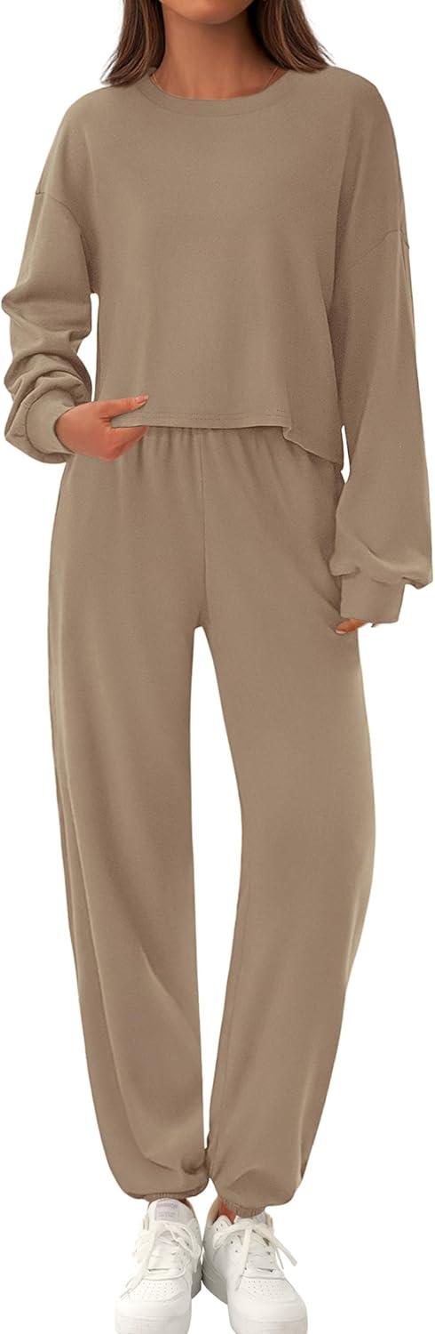 imagePRETTYGARDEN Womens Two Piece Lounge Sets 2025 Fall Airport Outfits Long Sleeve Pullover Tops Sweatpants Matching ClothingKhaki
