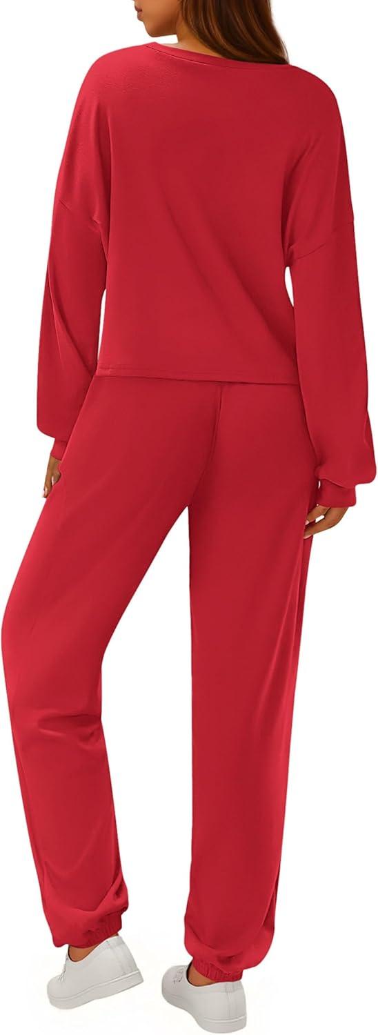 imagePRETTYGARDEN Womens Two Piece Lounge Sets 2025 Fall Airport Outfits Long Sleeve Pullover Tops Sweatpants Matching ClothingRed