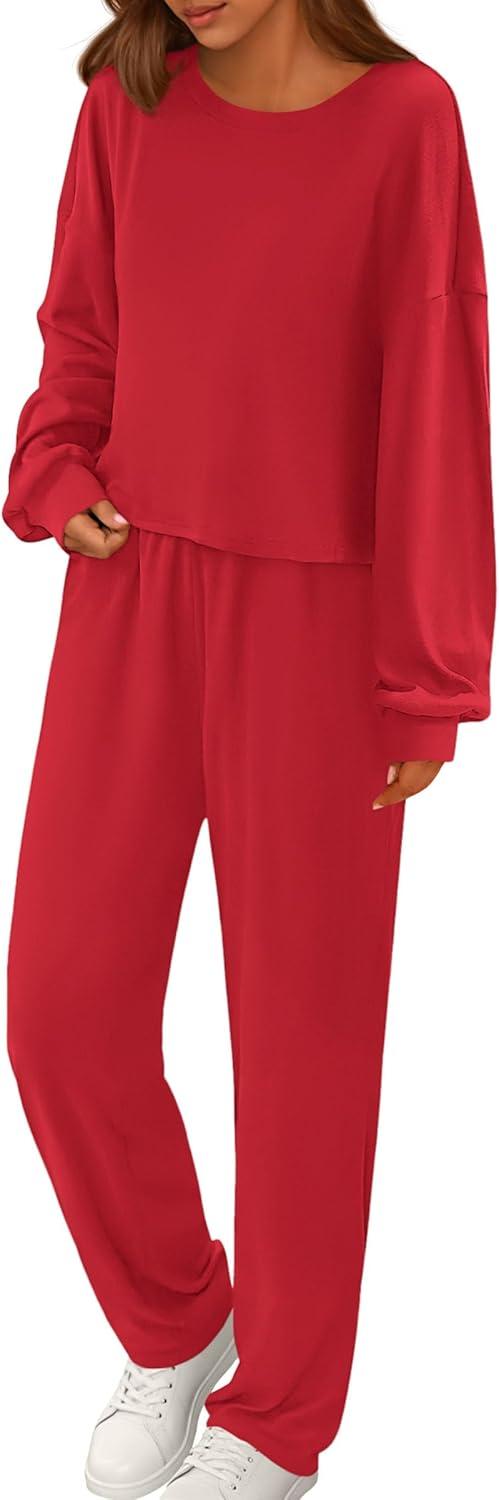 imagePRETTYGARDEN Womens Two Piece Lounge Sets 2025 Fall Airport Outfits Long Sleeve Pullover Tops Sweatpants Matching ClothingRed