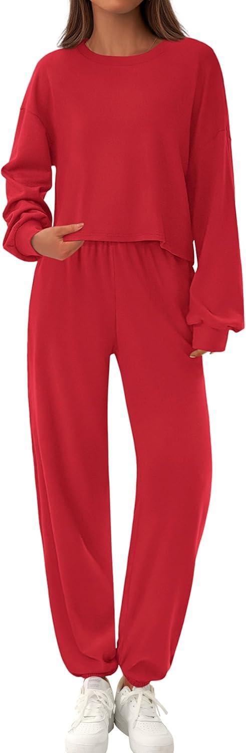 imagePRETTYGARDEN Womens Two Piece Lounge Sets 2025 Fall Airport Outfits Long Sleeve Pullover Tops Sweatpants Matching ClothingRed