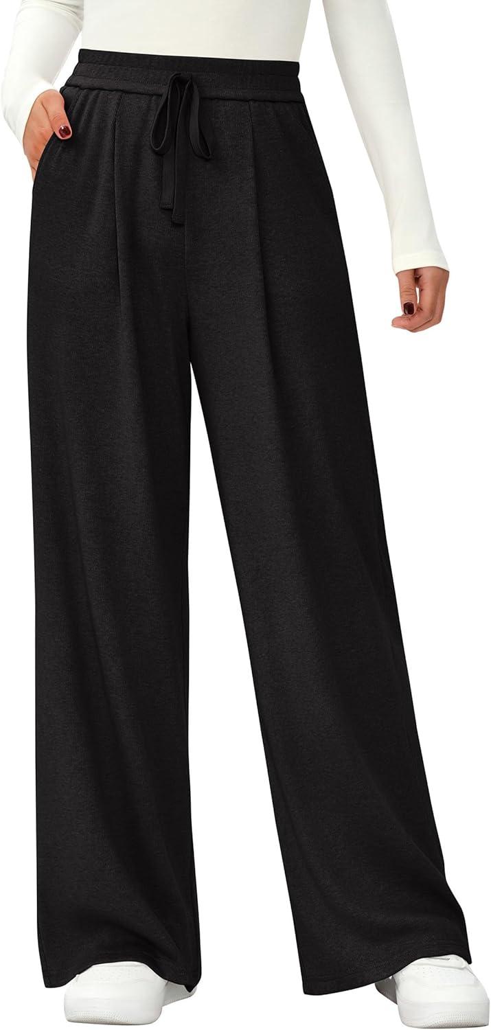 imagePRETTYGARDEN Womens Wide Leg Pants 2025 Fall Elastic High Waisted Knit Casual Lounge Palazzo Pant Trousers with PocketsBlack