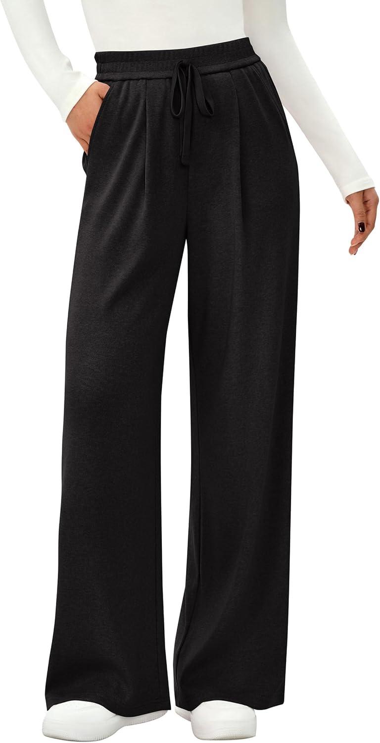 imagePRETTYGARDEN Womens Wide Leg Pants 2025 Fall Elastic High Waisted Knit Casual Lounge Palazzo Pant Trousers with PocketsBlack