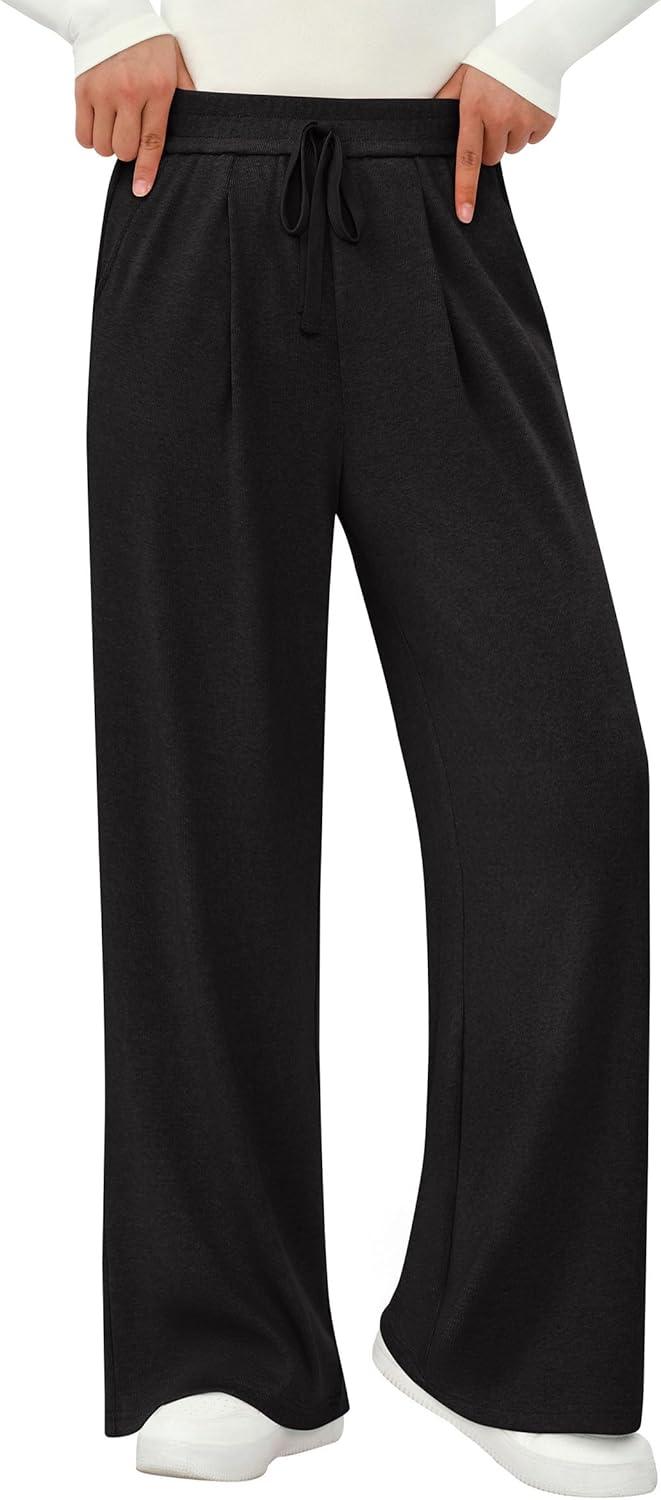 imagePRETTYGARDEN Womens Wide Leg Pants 2025 Fall Elastic High Waisted Knit Casual Lounge Palazzo Pant Trousers with PocketsBlack