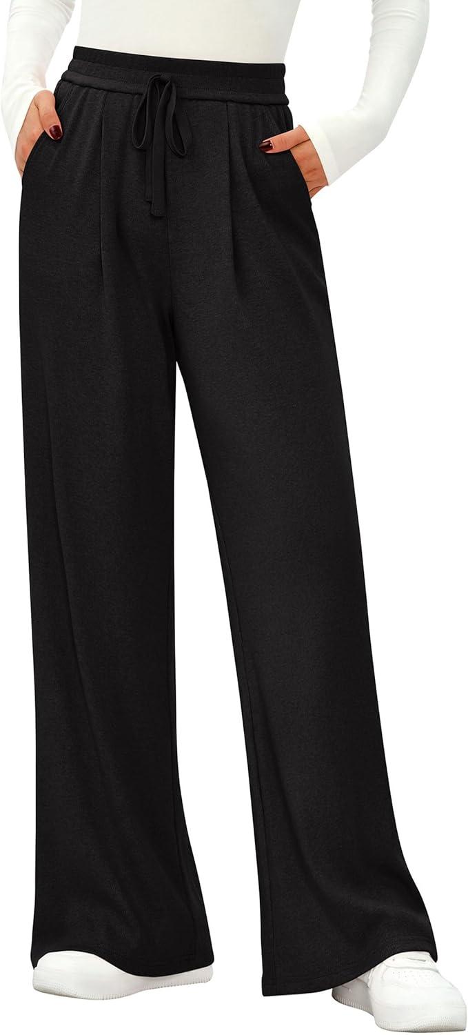 imagePRETTYGARDEN Womens Wide Leg Pants 2025 Fall Elastic High Waisted Knit Casual Lounge Palazzo Pant Trousers with PocketsBlack