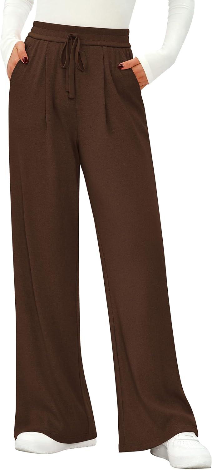 imagePRETTYGARDEN Womens Wide Leg Pants 2025 Fall Elastic High Waisted Knit Casual Lounge Palazzo Pant Trousers with PocketsBrown