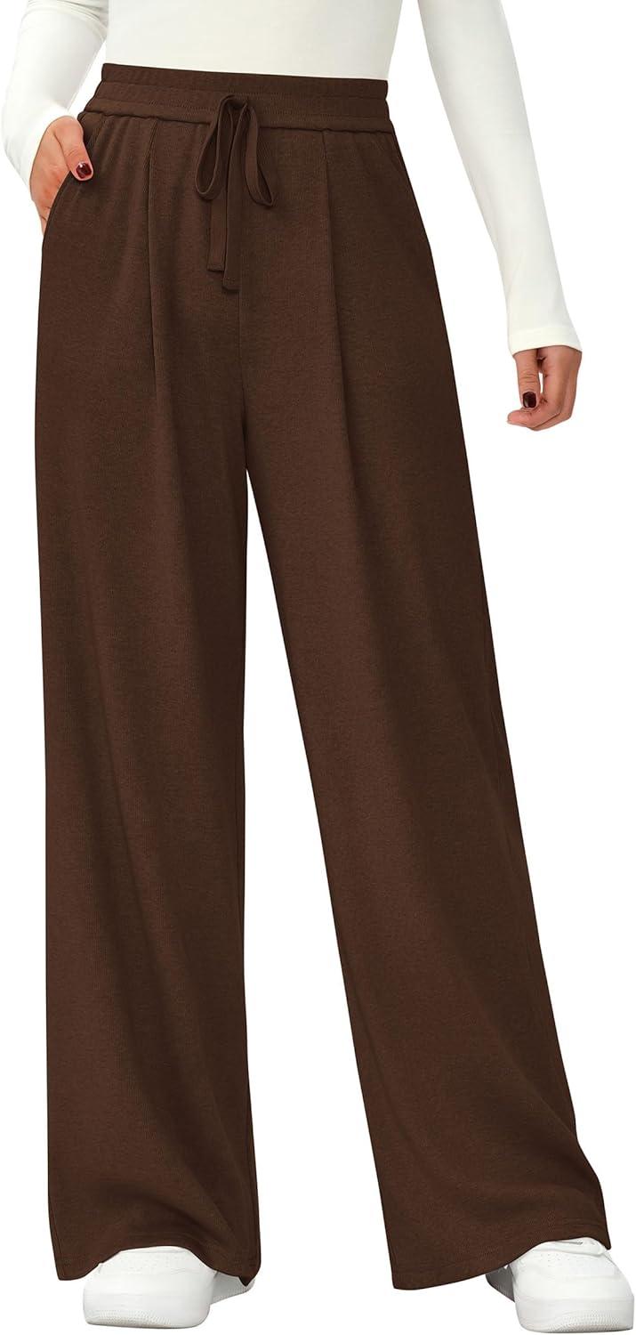imagePRETTYGARDEN Womens Wide Leg Pants 2025 Fall Elastic High Waisted Knit Casual Lounge Palazzo Pant Trousers with PocketsBrown