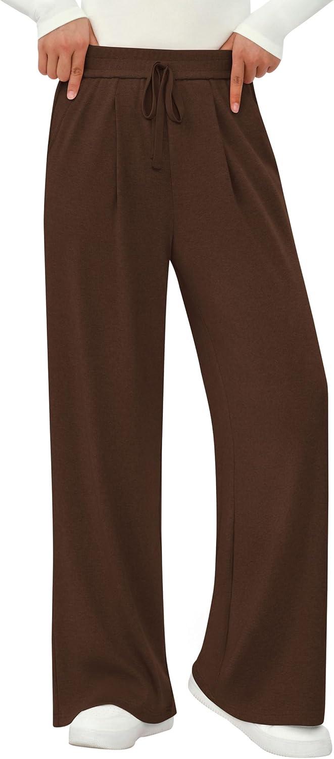 imagePRETTYGARDEN Womens Wide Leg Pants 2025 Fall Elastic High Waisted Knit Casual Lounge Palazzo Pant Trousers with PocketsBrown
