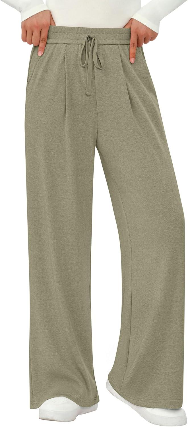 imagePRETTYGARDEN Womens Wide Leg Pants 2025 Fall Elastic High Waisted Knit Casual Lounge Palazzo Pant Trousers with PocketsGreen