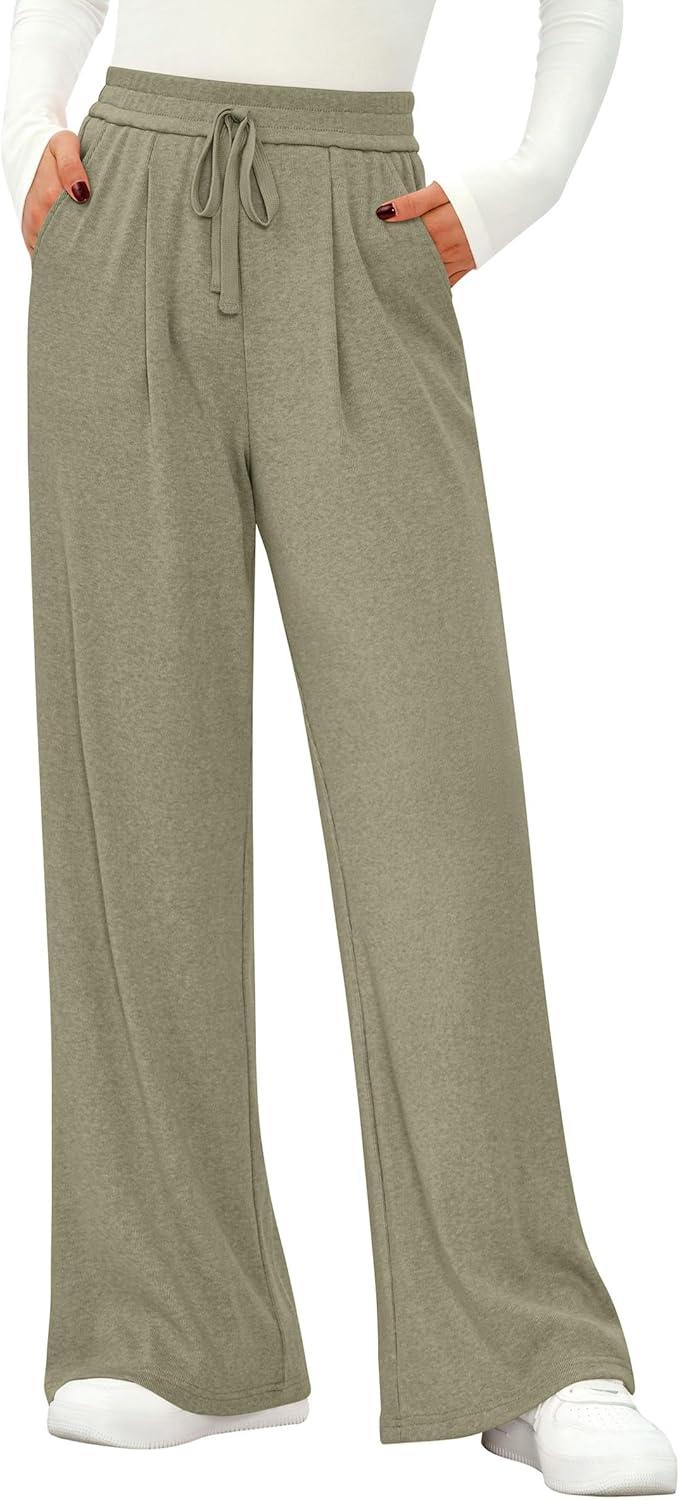 imagePRETTYGARDEN Womens Wide Leg Pants 2025 Fall Elastic High Waisted Knit Casual Lounge Palazzo Pant Trousers with PocketsGreen