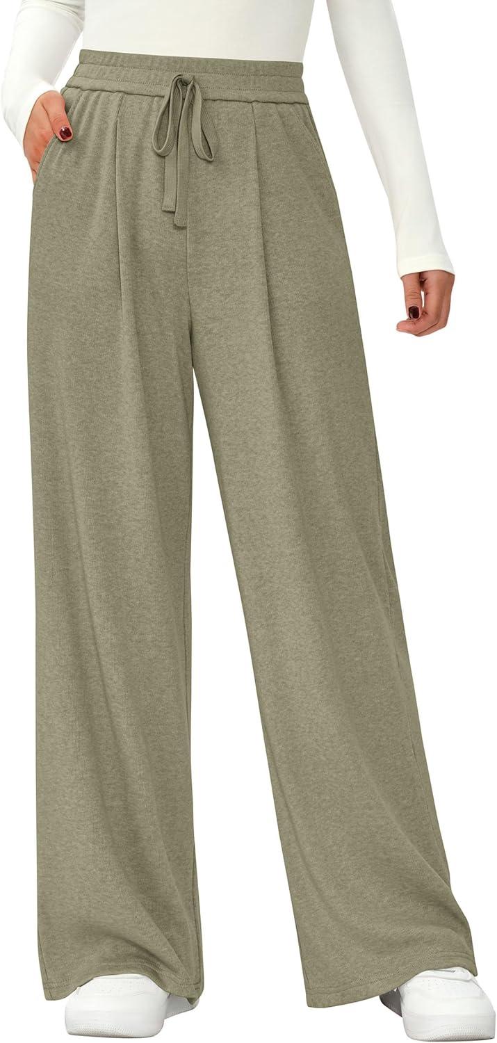 imagePRETTYGARDEN Womens Wide Leg Pants 2025 Fall Elastic High Waisted Knit Casual Lounge Palazzo Pant Trousers with PocketsGreen