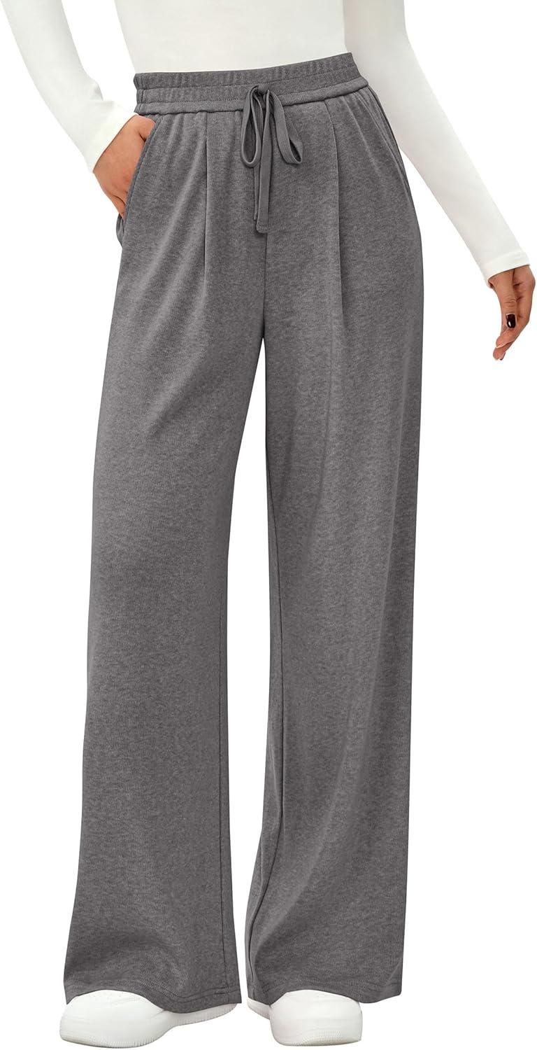 imagePRETTYGARDEN Womens Wide Leg Pants 2025 Fall Elastic High Waisted Knit Casual Lounge Palazzo Pant Trousers with PocketsGrey