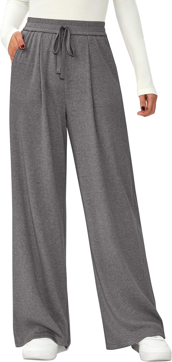 imagePRETTYGARDEN Womens Wide Leg Pants 2025 Fall Elastic High Waisted Knit Casual Lounge Palazzo Pant Trousers with PocketsGrey