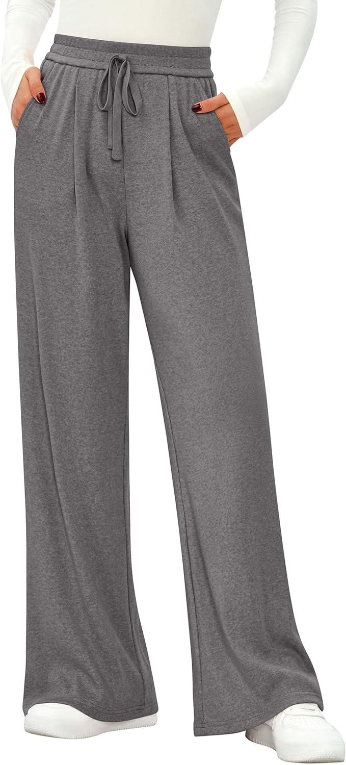 imagePRETTYGARDEN Womens Wide Leg Pants 2025 Fall Elastic High Waisted Knit Casual Lounge Palazzo Pant Trousers with PocketsGrey