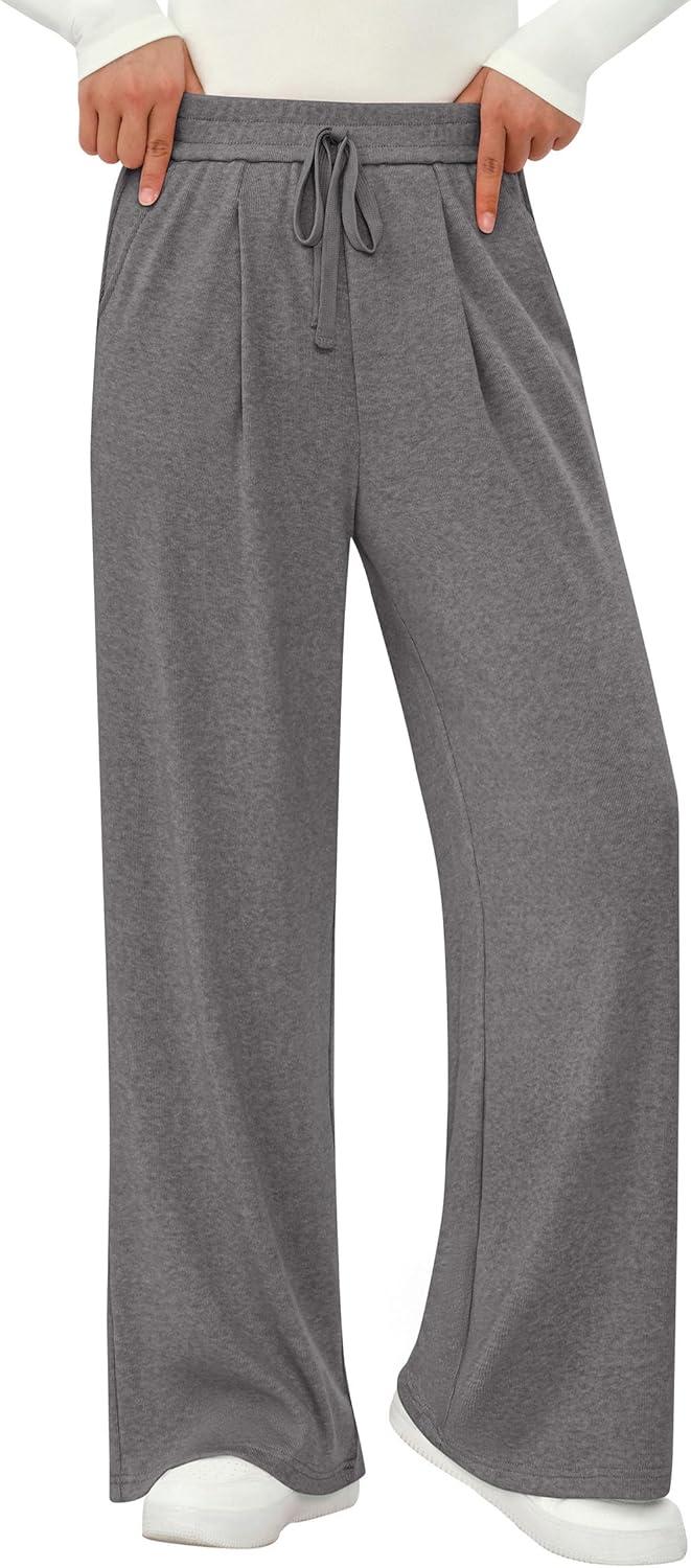 imagePRETTYGARDEN Womens Wide Leg Pants 2025 Fall Elastic High Waisted Knit Casual Lounge Palazzo Pant Trousers with PocketsGrey