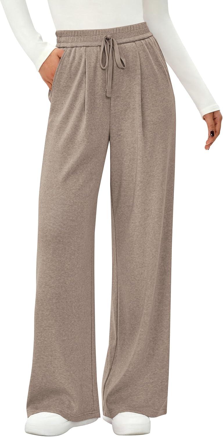 imagePRETTYGARDEN Womens Wide Leg Pants 2025 Fall Elastic High Waisted Knit Casual Lounge Palazzo Pant Trousers with PocketsKhaki
