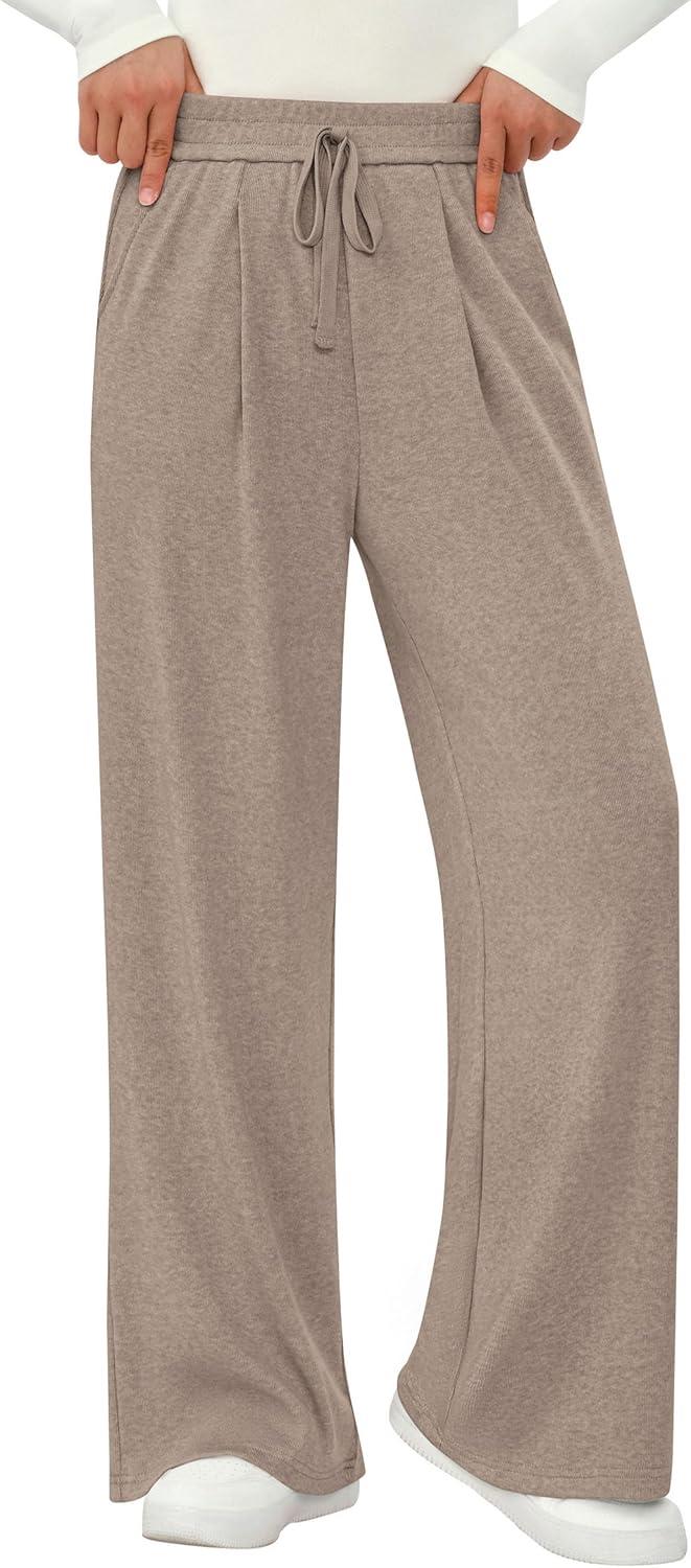 imagePRETTYGARDEN Womens Wide Leg Pants 2025 Fall Elastic High Waisted Knit Casual Lounge Palazzo Pant Trousers with PocketsKhaki