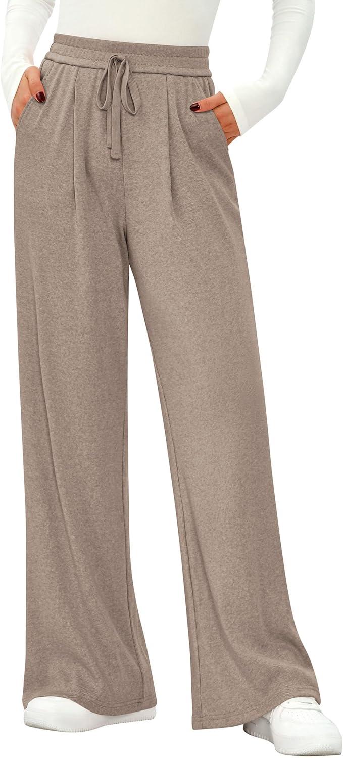 imagePRETTYGARDEN Womens Wide Leg Pants 2025 Fall Elastic High Waisted Knit Casual Lounge Palazzo Pant Trousers with PocketsKhaki
