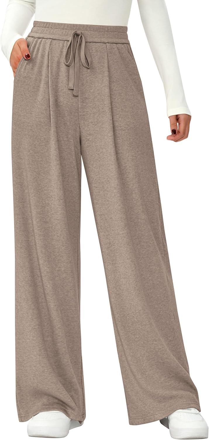 imagePRETTYGARDEN Womens Wide Leg Pants 2025 Fall Elastic High Waisted Knit Casual Lounge Palazzo Pant Trousers with PocketsKhaki